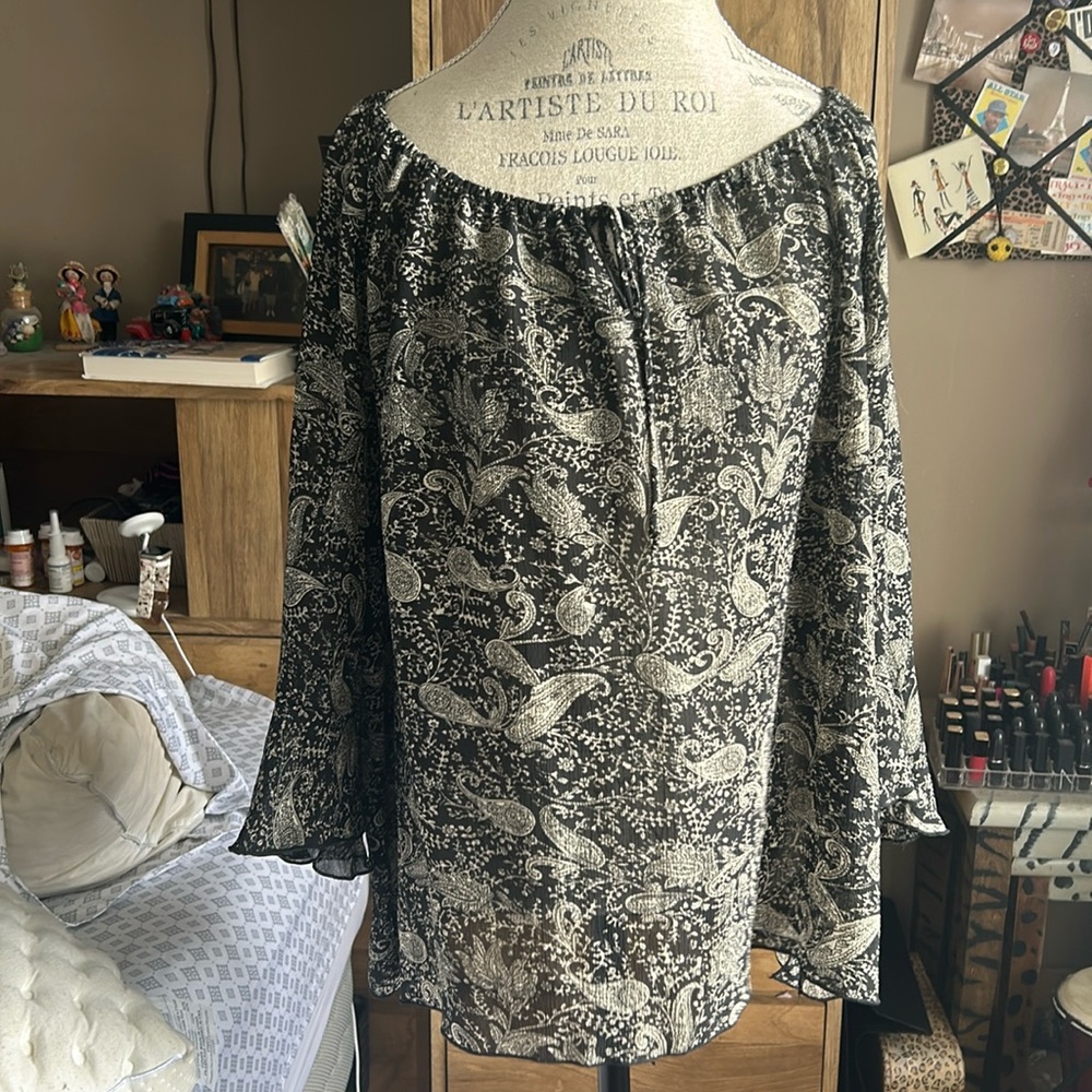 JKLA Black & Beige Paisley Sheer Blouse - 2X